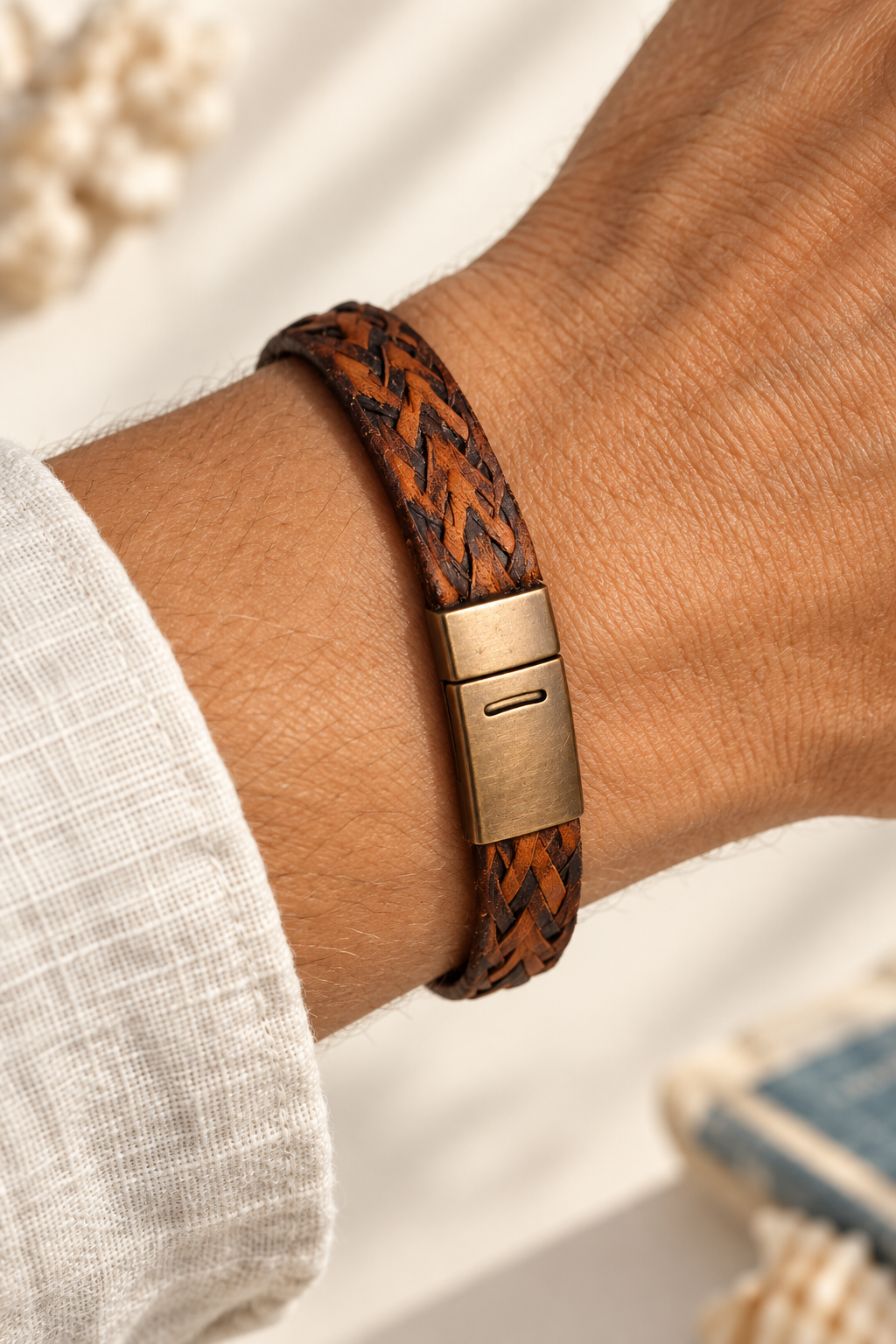 Hand Crafted Leather Bracelet shown in Saddle Tan with Brass Clasp  -  vegetable tanned leather cuff