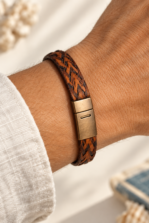 Hand Crafted Leather Bracelet shown in Saddle Tan with Brass Clasp  -  vegetable tanned leather cuff