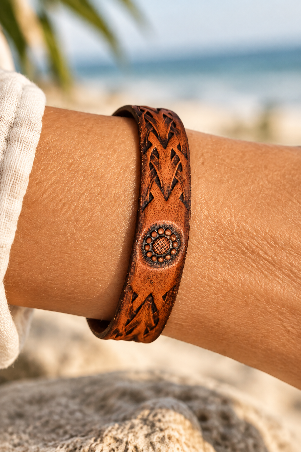 Hand Crafted Leather Bracelet shown in Saddle Tan with Brass Clasp  -  vegetable tanned leather cuff