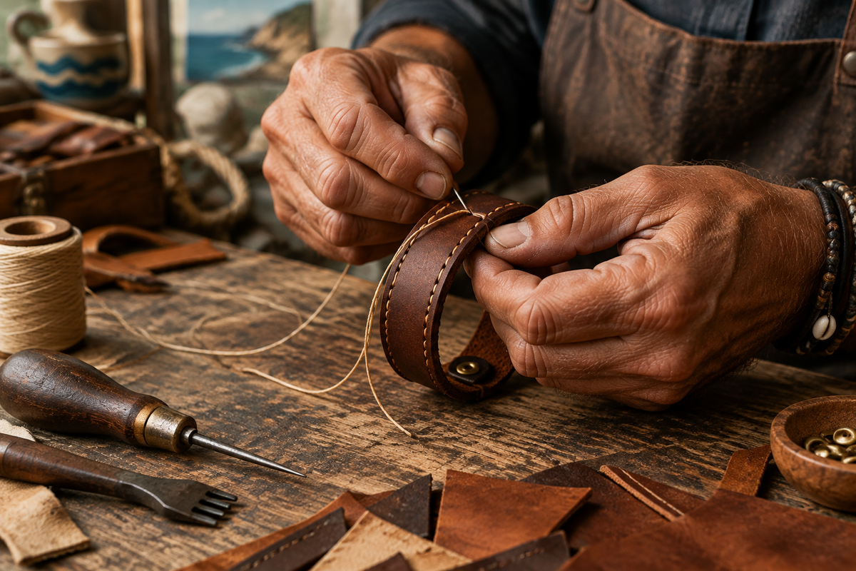 Hands crafting leather in a workshop
